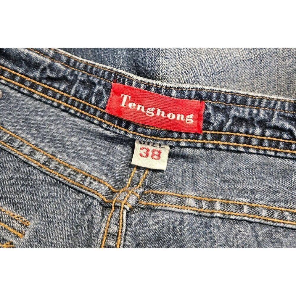 Tenghong Women 30" Waist Relaxed Fit Dark Wash Drawstring Hem Studded Highlights - Picture 3 of 6